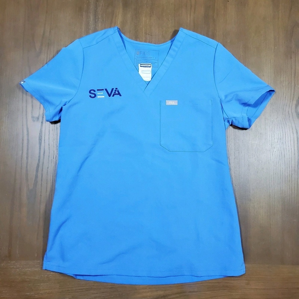 Figs Scrub Top Women Small Blue Stretch Short Sleeve Technical Collection V Neck